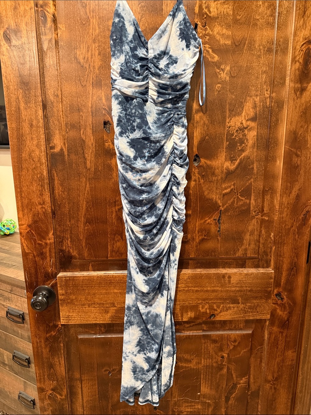 Ruched Tie-Dye Maxi Dress in Navy and White